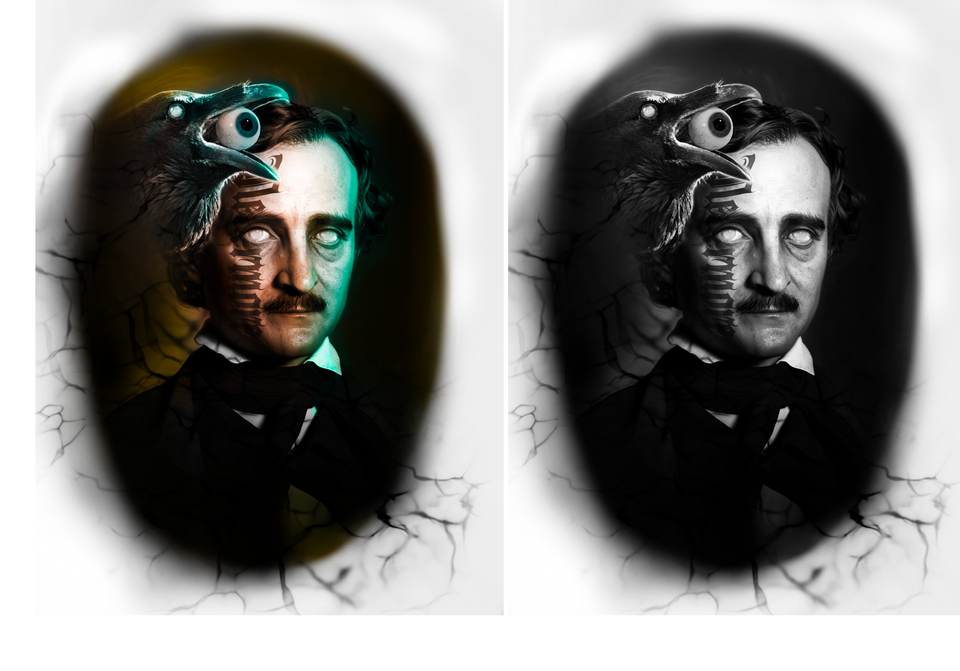 Edgar Allan Poe portrait with a snake emerging from his head, stylized with dramatic lighting and color effects.