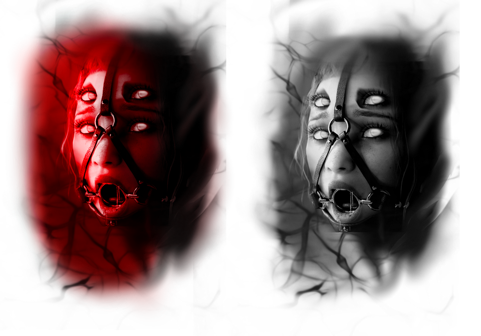 Two stylized faces, one red, one grayscale, wearing restraints and with open mouths and multiple visible eyes.