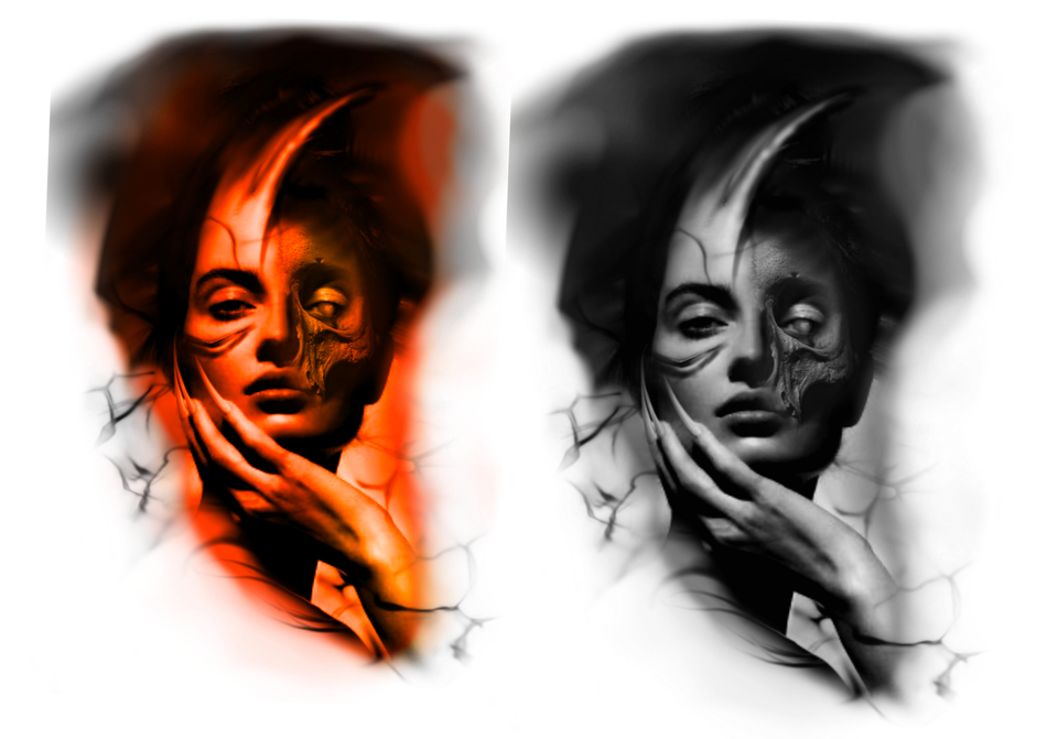 Woman's face split with a skull, holding hand to cheek; one in orange, one in grayscale.