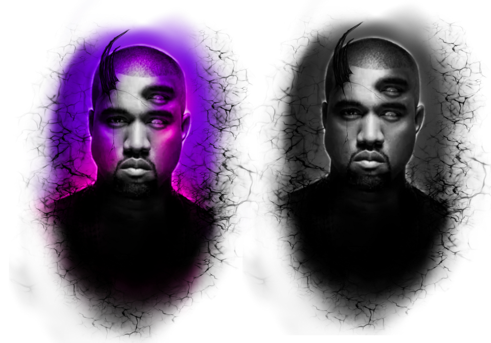 Kanye West portrait with a third eye and cracked effect, presented in purple and grayscale.