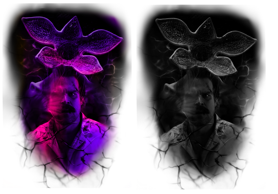 Tattoo design of person under a Demogorgon-like flower; one in purple and pink, the other in black and grey