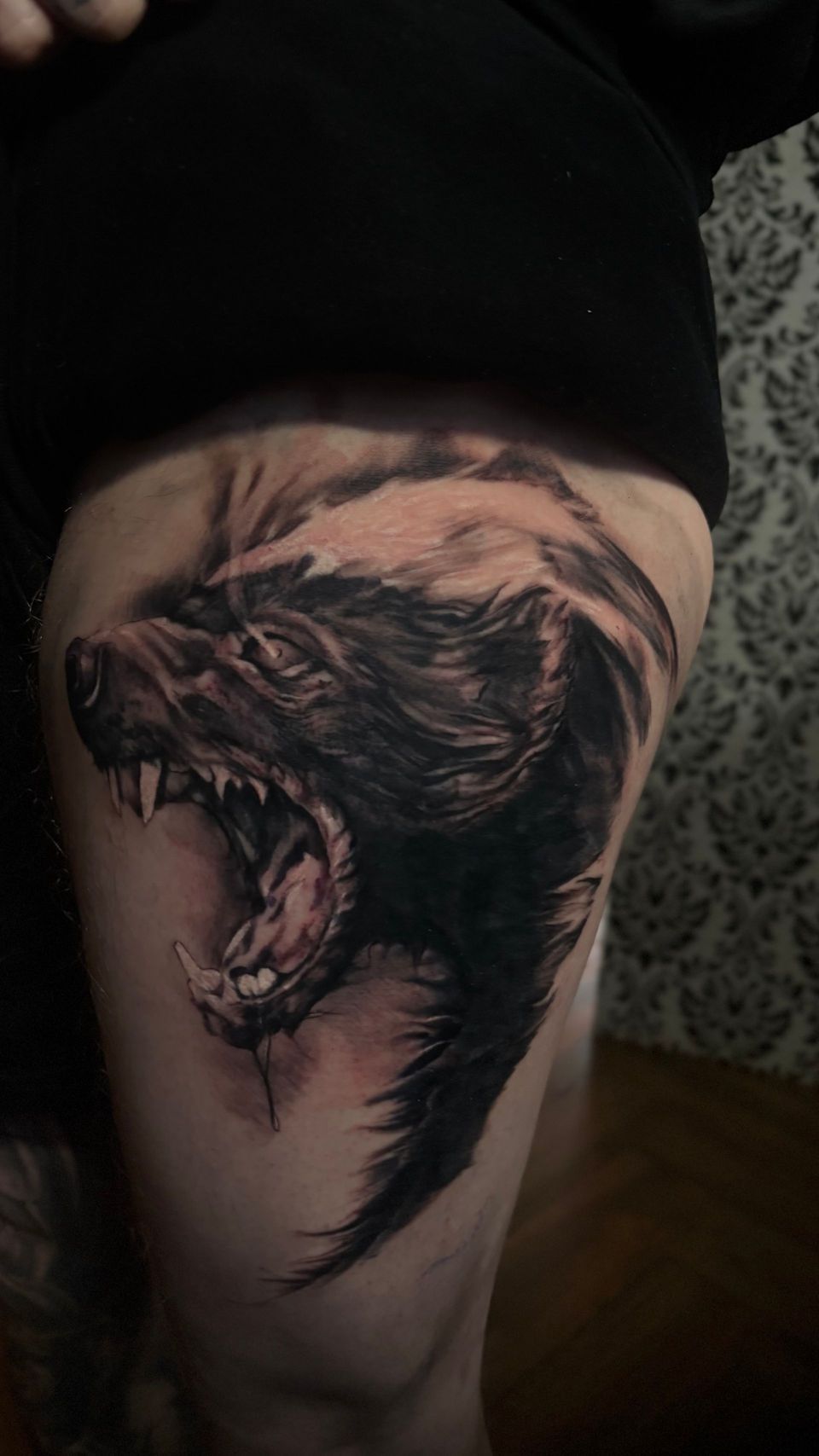 Black and white tattoo of an angry badger head with snarling teeth on a thigh.